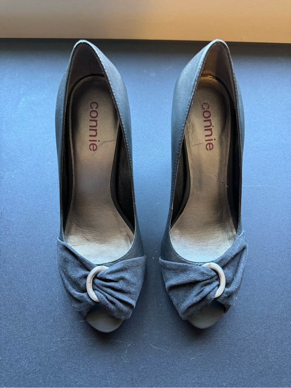 Connie Gray Peep-Toe Knot-Front Heels with Decorative Ring